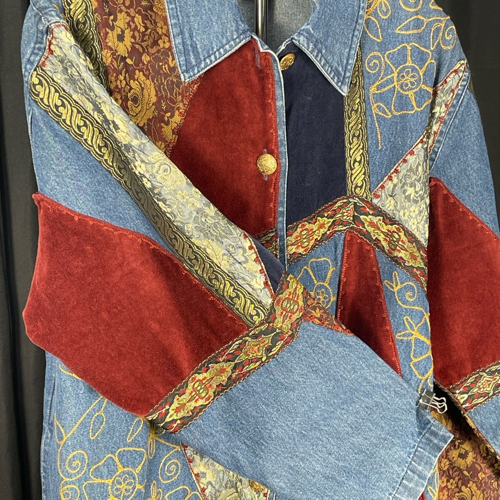 Vintage KEREN hart Patchwork Denim, embroidery & Velvet Jacket. Wine, Navy, Gold - Picture 4 of 7